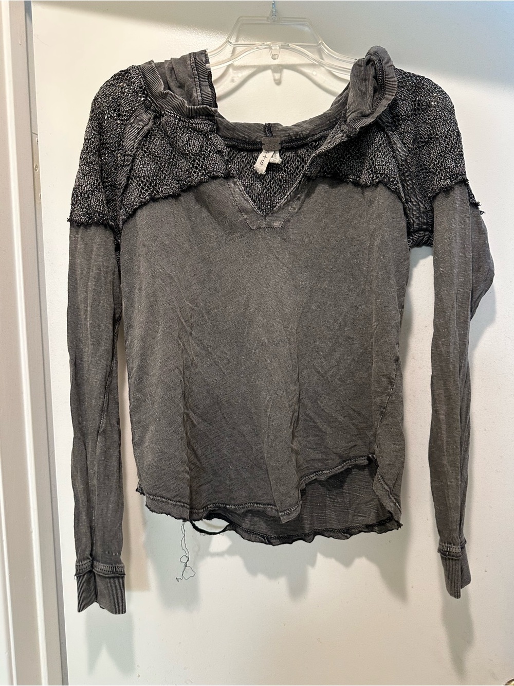 We The Free Washed Charcoal Knit-Detail Hooded Long Sleeve Size Small